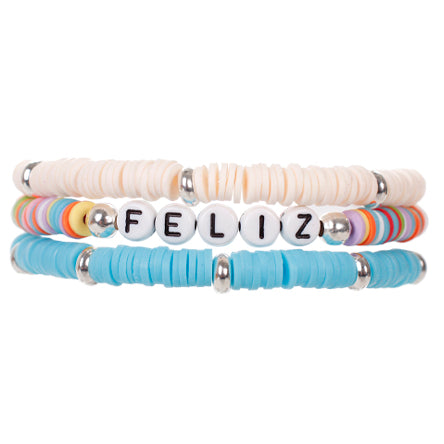 Brazalete De Tres Pulseras Con Palabrafeliz