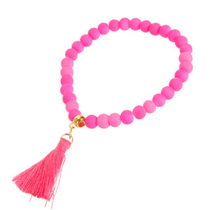 Pulsera Con Borla Y Cuenta Caucho Rosa Neon