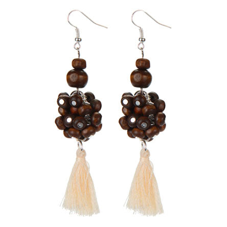 Aretes Largos Cuentas De Madera Y Borlas