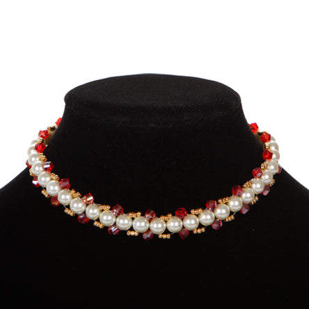 Collar Tejido Con Perlas Y Rondel Rojo