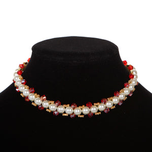 Collar Tejido Con Perlas Y Rondel Rojo