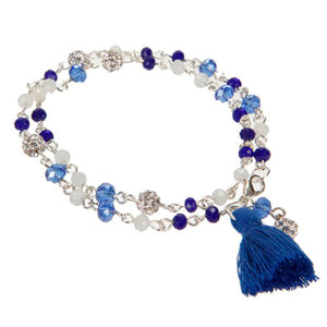 Pulsera Doble Con Cristales Y Borla Azul