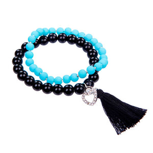 Pulsera Doble Negro-Azul Con Dije Corazón Y Borla
