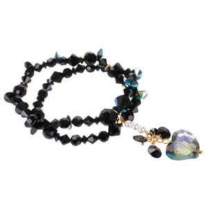 Pulsera Con Cristal Preciosa Negro Y Corazón De Cristal