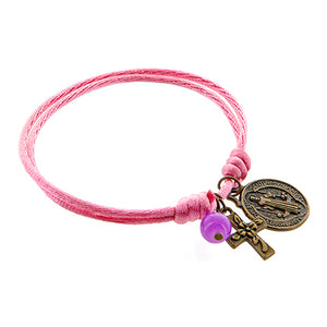 Pulsera Rosa Con Medallas Y Cruz Oro Antiguo