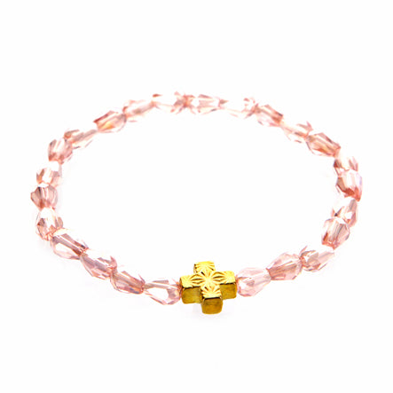 Pulsera De Cristal Rosa Con Cruz Oro