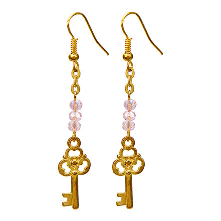 Aretes Oro Con Cristales Rosa Y Dije De Llave