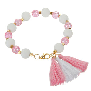Pulsera Ensartada Con  Cuenta Redonda Y Borlas Rosa Blanco