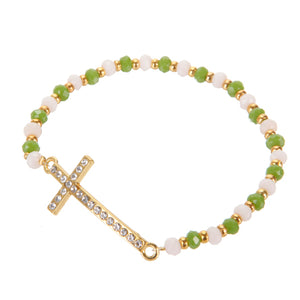 Pulsera Con Cruz Y Rondel Facetado Verde/Marfil