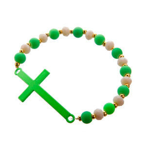 Pulsera Con Cuenta Caucho Verde-Marfil Y Cruz Curva