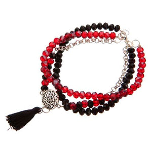 Pulsera Triple Negro-Rojo-Plata  Con Borla