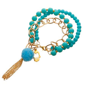Pulsera Triple Con Cuenta Caucho Turquesa Y Cadena