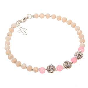 Pulsera Rosa Marfil Con Dije De Cruz