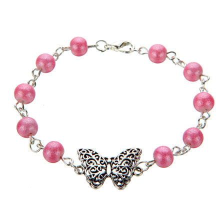 Pulsera Plata-Rosa Y Dije Mariposa