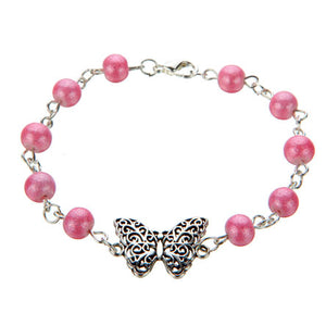 Pulsera Plata-Rosa Y Dije Mariposa