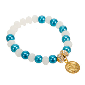 Pulsera Con Rondel Blanco Y Perla Turquesa Con Dije Piecitos