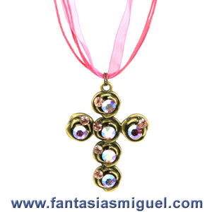 Collar De Cruz Oro Antigüo Con Piedras Rosa