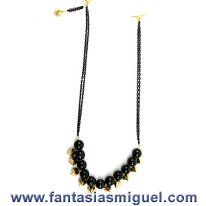 Collar De Picos Oro C/ Perla Negra Y Cadena Negra