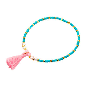Pulsera Azul-Oro Con Borla Rosa