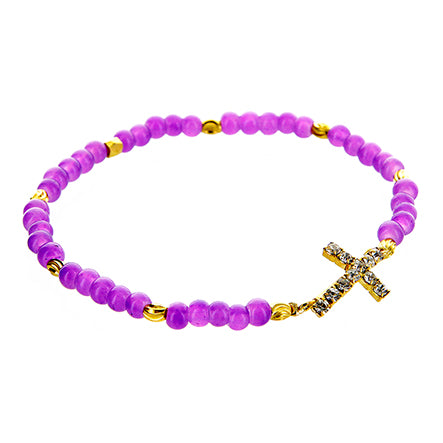 Pulsera Morado-Oro Con Cruz De Cristales