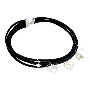 Gargantilla Imitación Gamuza Negro Con Dijes Plata