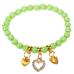 Pulsera Cuentas Redonda Grieta Menta Con Dijes De Corazón