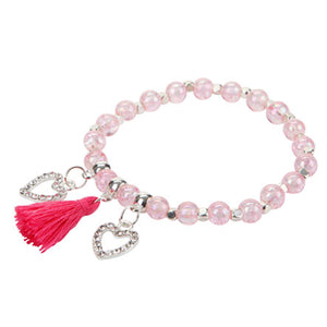 Pulsera De Cristales Rosa Con Corazones Y Borla