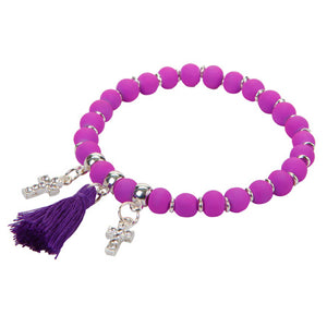 Pulsera Morado-Plata Con Cruces De Cristales Y Borla