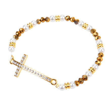 Pulsera Con Rondeles-Perlas Y Cruz Curba