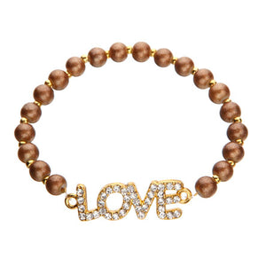Pulsera Con Perlas Destello Café Claro Y Dije Love