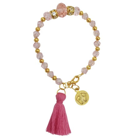 Pulsera Cristal Rosa Con Dije De Piesitos Y Borla