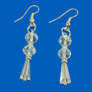 Aretes Con Cuenta Pirámide Y Rondel Cristal Blanco Plata