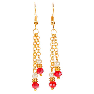 Aretes De Perla Y Rondel Rojo Con Cadena