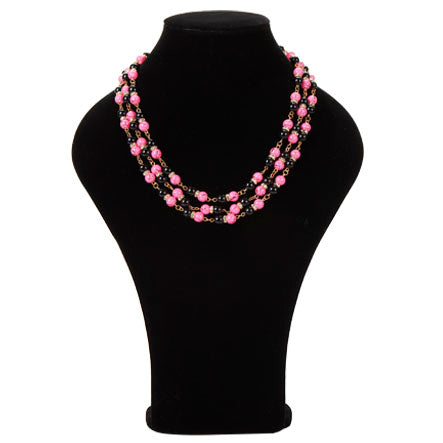 Collar De Engarces Triple Rosa-Negro Y Rondeles De Cristales