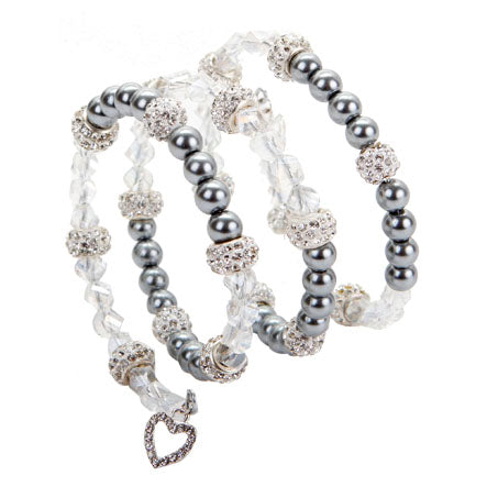 Brazalete Con Perlas Gris Y Rondeles De Cristal