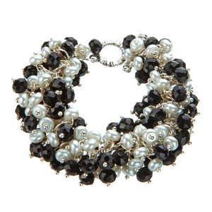 Pulsera Engarzada Con Perlas Y Rondeles Blanco-Negro
