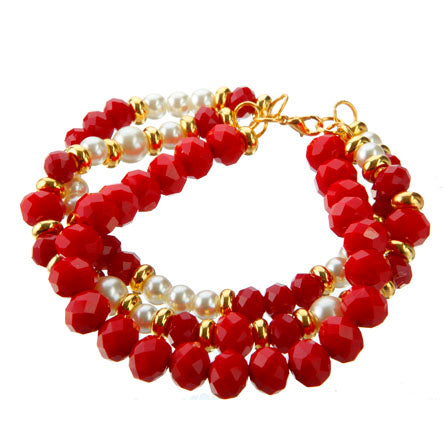 Pulsera Triple Rojo-Blanco Con Rondeles Y Perlas